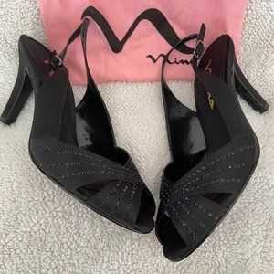 Nina Black Peep-toe Satin Heels size 7